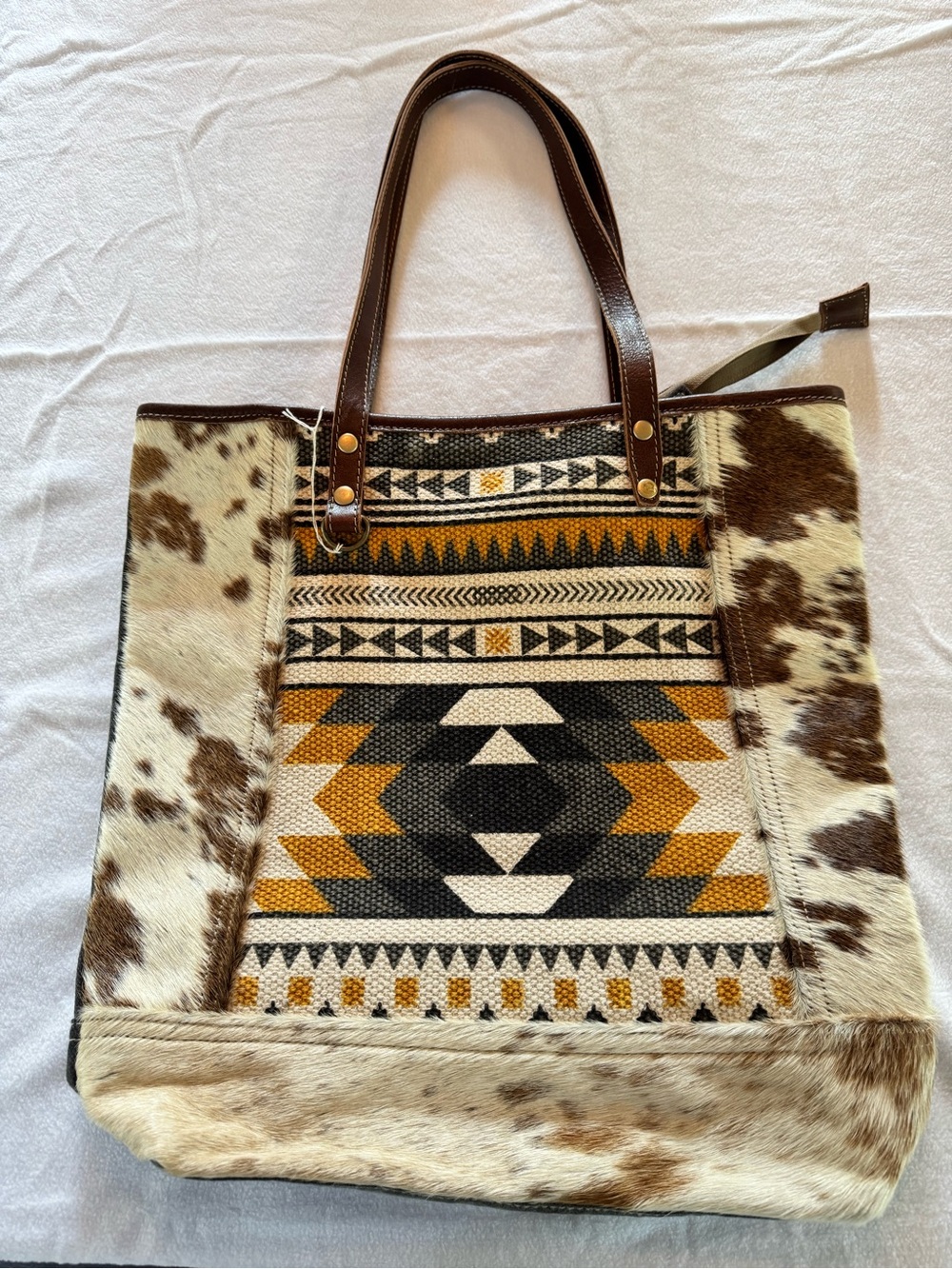 Myra Bag Brown, Cream and Mustard Southwestern Tote with Cowhide Accents